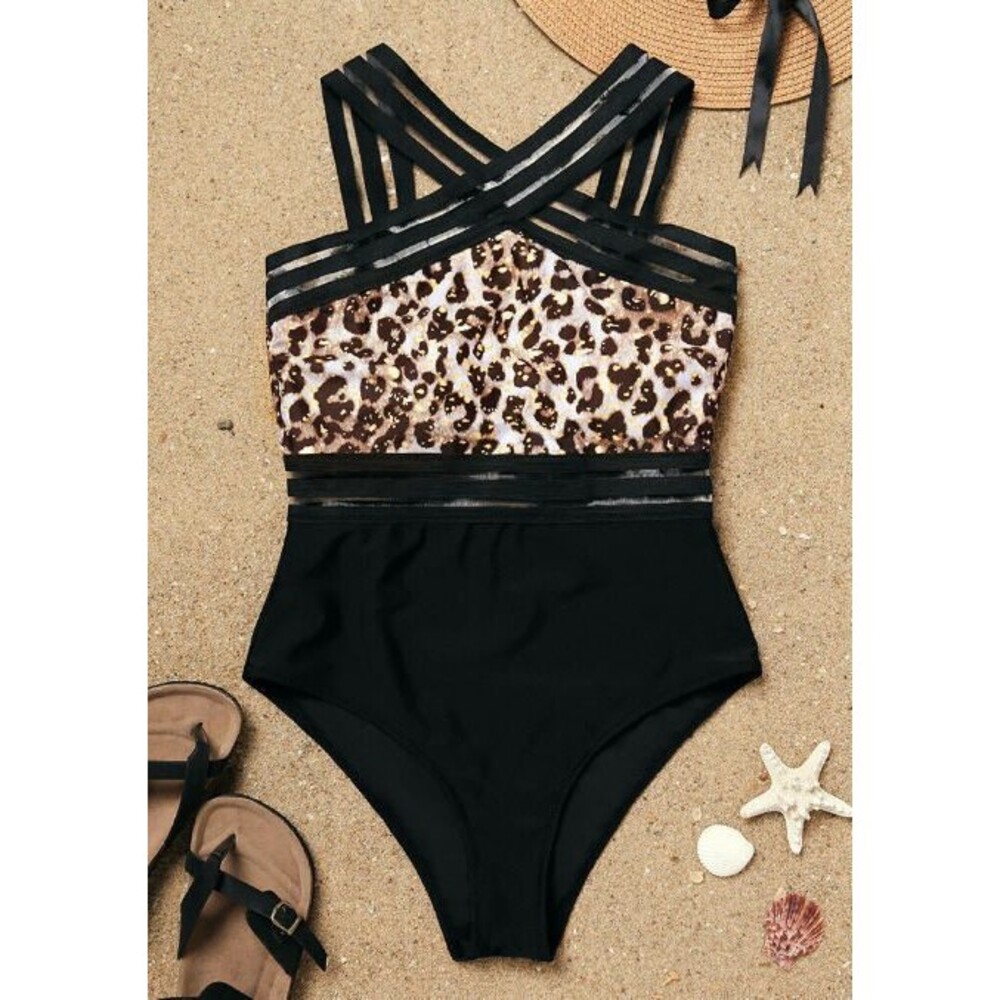 Womens Black Leopard Transparent One-Piece Swimsuit - Large